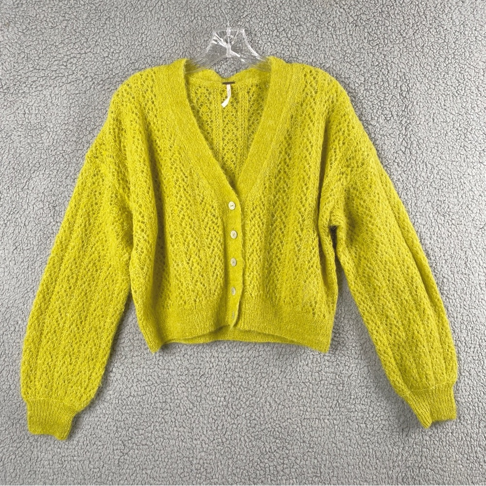 Free People Cropped Open-Knit Cardigan in Chartreuse Yellow